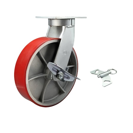 Service Caster 10'' Heavy Duty Red Poly on Cast Iron Caster with Brake and Swivel Lock CRAN-SCC-KP92S1030-PUR-RS-SLB-BSL